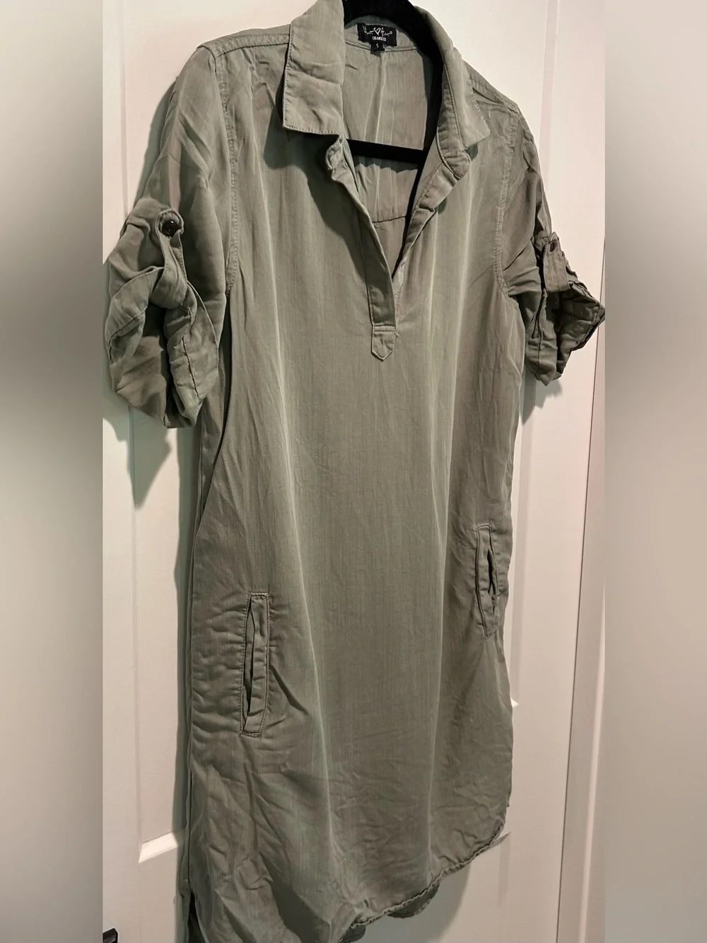 Velvet Heart Tencel Shirt Dress Olive Green Utility Tunic Dress Size S - Picture 4 of 9